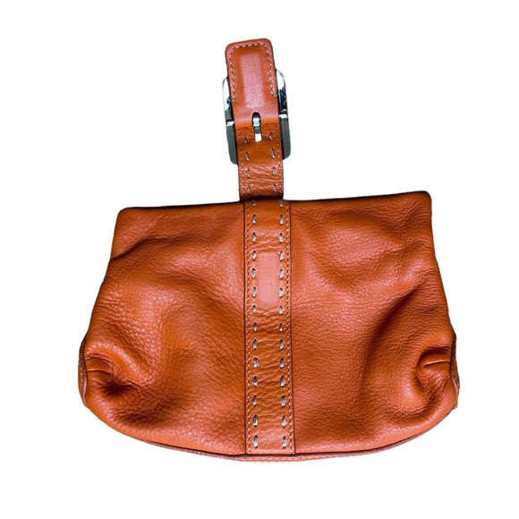 Cole Haan Orange Leather Magnetic Clutch Buckle Silver Pouch - Picture 2 of 6